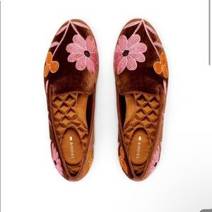 Birdies the Starling Floral Flower Embroidery Flats Slippers Velvet